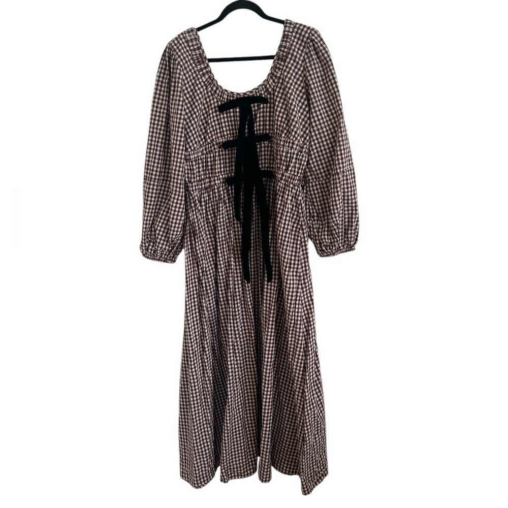 Damson Madder Dakota Bow Gingham Puff-Sleeve Midi Dress UK 16 - Picture 1 of 11